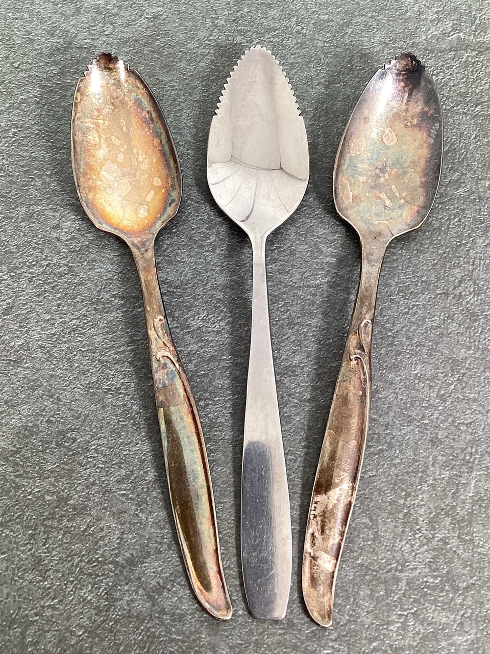 3 Serrated Grapefruit Spoons-2 Wm Rogers IS Sweep Pattern Silverplate, 1 Unmark